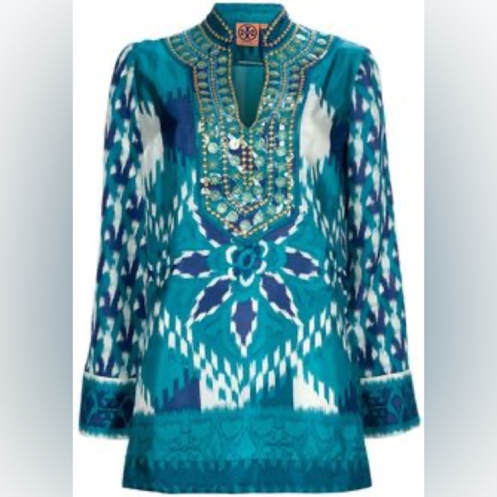 Tory Burch Blue and Green Ikat Print Silk Tunic Women’s Size 6